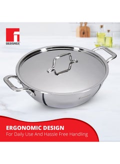 BERGNER Bergner TriPro TriPly Stainless Steel 24cm Kadai with Stainless Steel Lid, 3.1 Litres Kadhai with Lid, Metal Spatula Friendly, Easy to Clean, Induction Bottom and Gas Stove Ready - Silver  - Image 3
