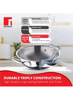 BERGNER Bergner TriPro TriPly Stainless Steel 24cm Kadai with Stainless Steel Lid, 3.1 Litres Kadhai with Lid, Metal Spatula Friendly, Easy to Clean, Induction Bottom and Gas Stove Ready - Silver  - Image 4