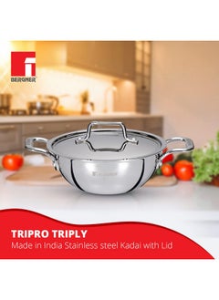 BERGNER Bergner TriPro TriPly Stainless Steel 24cm Kadai with Stainless Steel Lid, 3.1 Litres Kadhai with Lid, Metal Spatula Friendly, Easy to Clean, Induction Bottom and Gas Stove Ready - Silver  - Image 2
