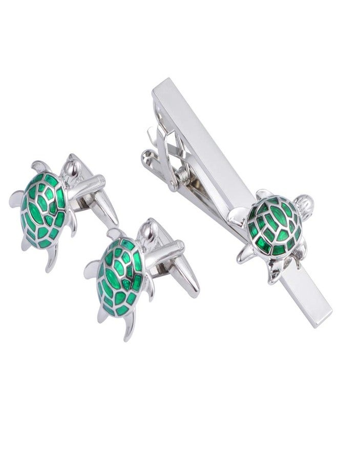 Vcufflinks Turtle Green Silver Tortoise Sea Tie Clip and Cufflinks Set