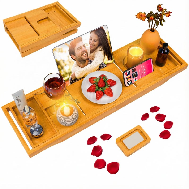 Foldable Bathtub Caddy Tray Bamboo Bath Tub Tray Table for Tub with Wine Glass Holder Book Phone Tablet Holder with Extending Sides Adjustable Bathroom Bathtub Free Soap Holder Gift Idea Beige
