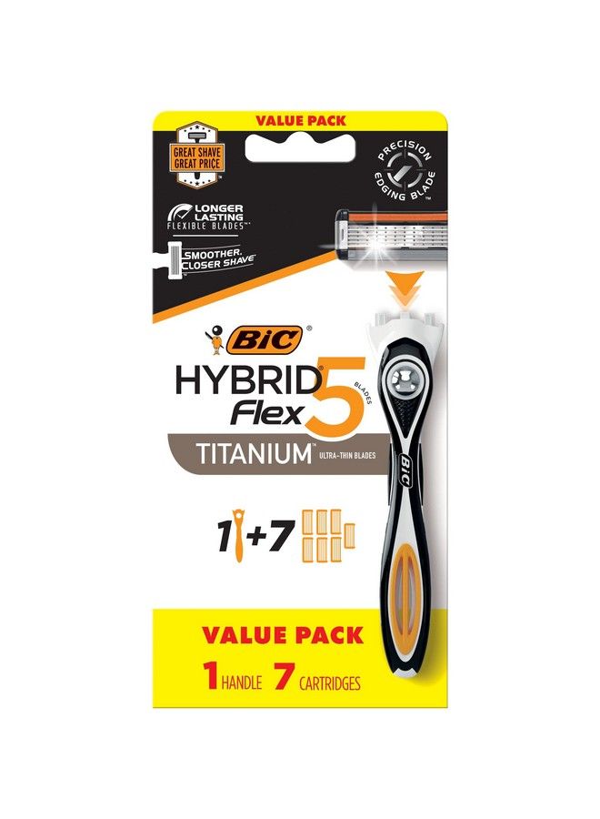Bic ماكينة حلاقة هايبرد فليكس 5 تيتانيوم 5 شفرات للاستخدام مرة واحدة للرجال لحلاقة ناعمة ومريحة بمقبض واحد و7 خراطيش مجموعة من 8 قطع من ماكينة الحلاقة - Image 1