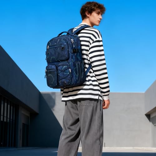Lohol Multi-Pocket Backpack for School College Travel, Heavy Duty Big Bookbag with 15.6 inch Laptop Compartment (Navy Geometry - Image 2