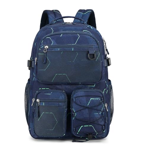 Lohol Multi-Pocket Backpack for School College Travel, Heavy Duty Big Bookbag with 15.6 inch Laptop Compartment (Navy Geometry - Image 1