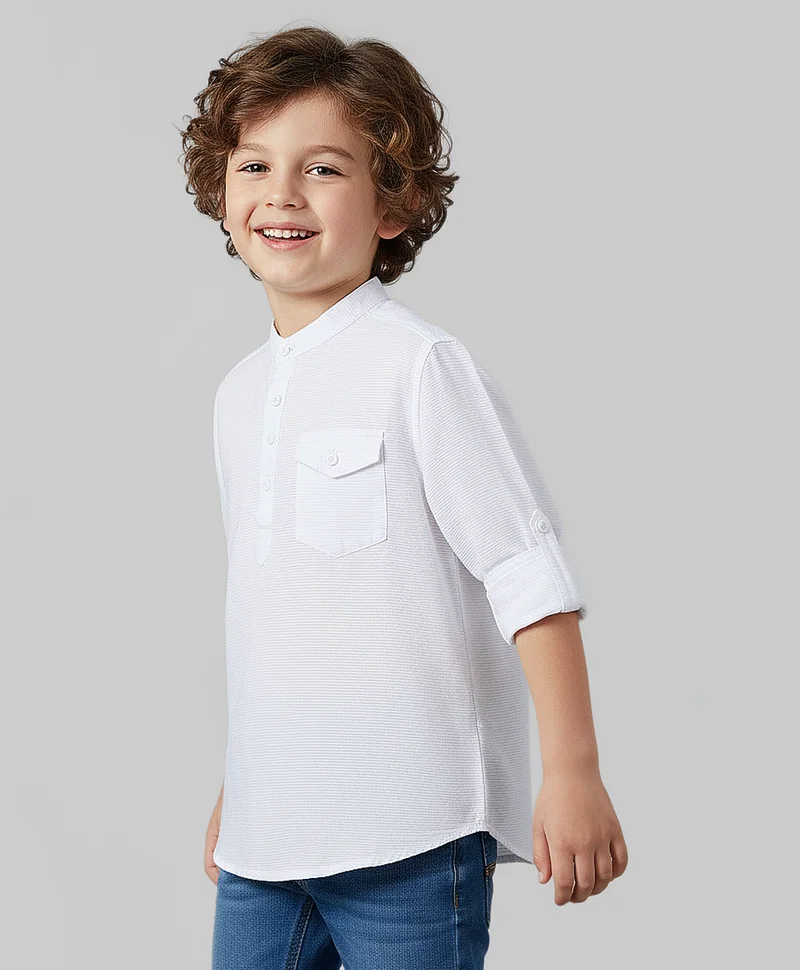 Pine Kids Pine Kids Cotton Woven Full Sleeves Solid Color Kurta Style Shirt - White