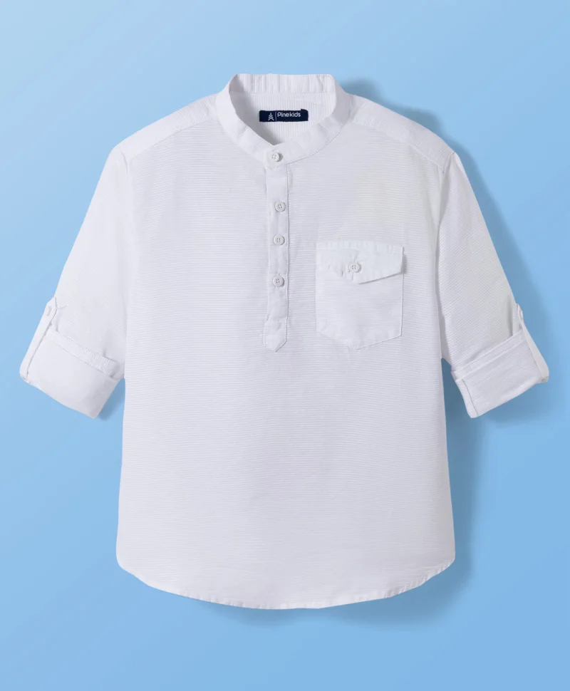 Pine Kids Pine Kids Cotton Woven Full Sleeves Solid Color Kurta Style Shirt - White