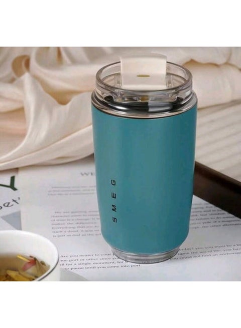 كوب قهوة للسفر من Smeg، كوب معزول للمشروبات مع غطاء مضاد للتسرب، كوب قهوة طويل الأمد مع غطاء، ترمس قهوة للسفر (الأزرق المخضر)