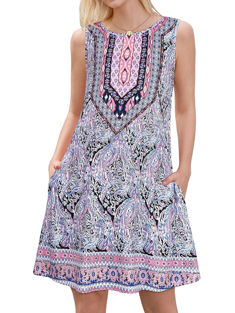 elescat Boho Dresses for Women Summer Ethnic Beach Sleeveless Vintage Floral Flowy Pocket Tshirt Tank Sundresses(Purple,M) - Image 2
