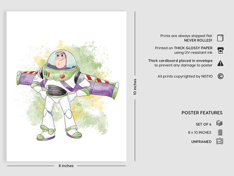 Nistio® Toy Story Watercolor Prints, Toy Story Wall Art Decor, Toy Story Poster, Woody Sheriff, Buzz Lightyear, Mr. Potato Head, Set of 6, 8x10 inches (Unframed) - Image 2
