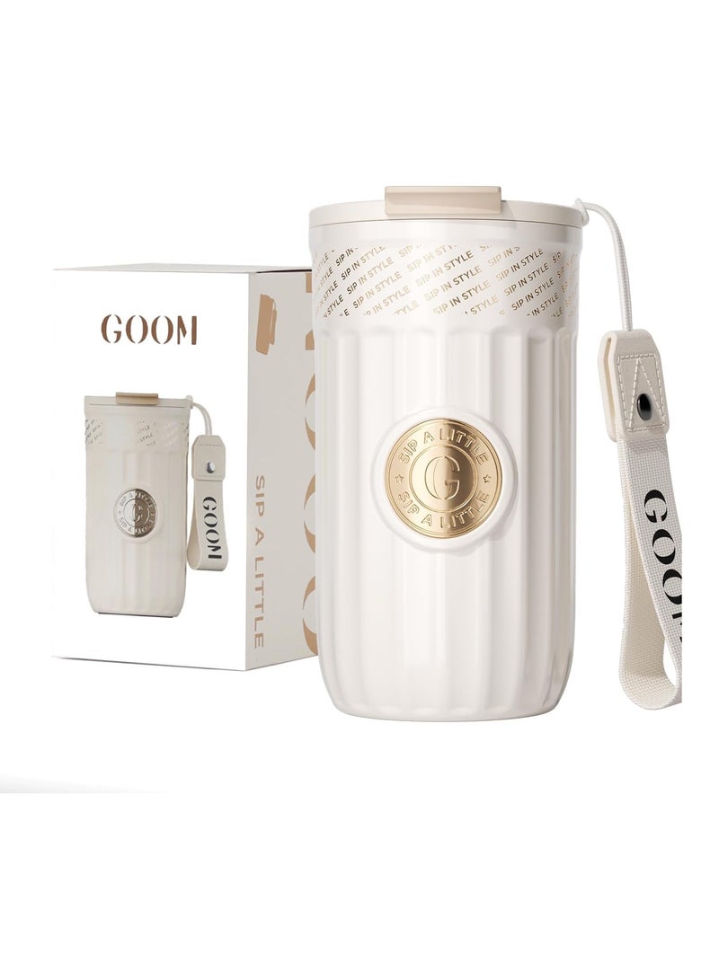 GOOM The Emblem Travel Coffee Tumbler with Lid and Straw, Insulated To Go Coffee Mug with Flip Straw, 18/10 Stainless Steel, 7-Layer Insulation, 17oz, Leap Proof, Spill Proof, White
