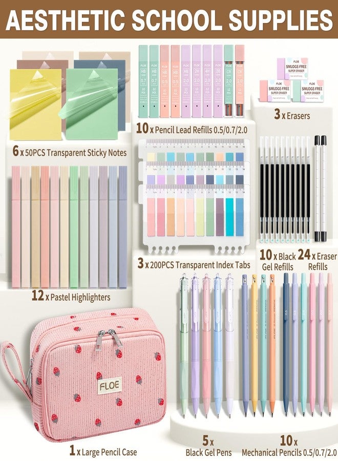 FLOE 62PCS Aesthetic School Supplies, Cute Back to School Supplies College Essentials Preppy Stationary Set with Large Pencil Pouch Case, Pastel Highlighters Gel Pens Mechanical Pencils for Student Girls - Image 2
