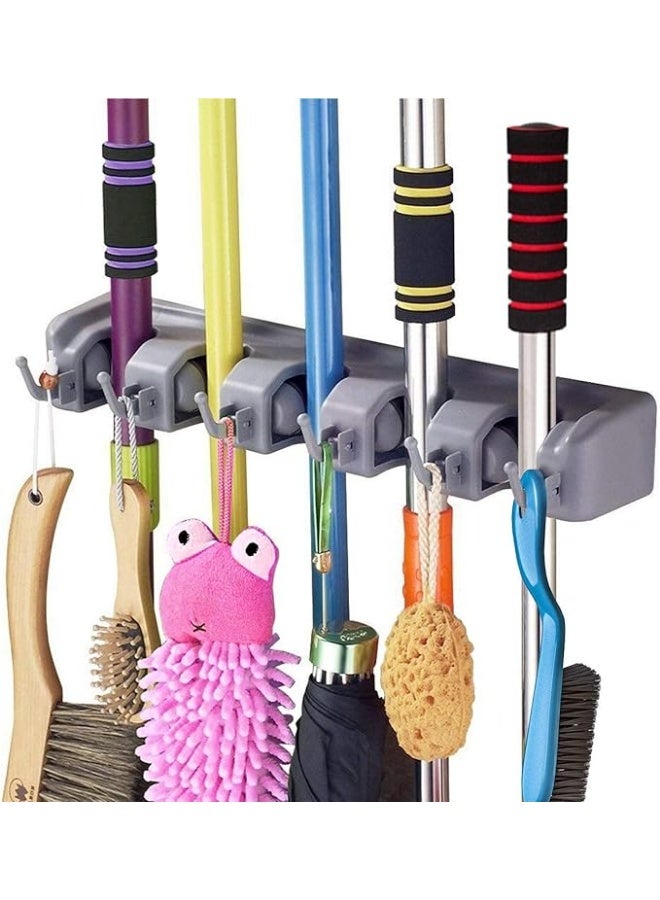 zoba Wall-mounted broom and mop holder made of polypropylene, with 5 slots and 6 hooks, organizer holder for storing broom brushes with hanger - Gray - Image 1