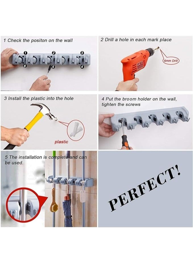 zoba Wall-mounted broom and mop holder made of polypropylene, with 5 slots and 6 hooks, organizer holder for storing broom brushes with hanger - Gray - Image 2