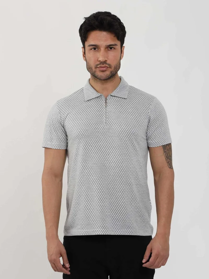 دوفي Gray Men's Slim Fit Diamond Patterned Polo Neck Tshirt - 105324