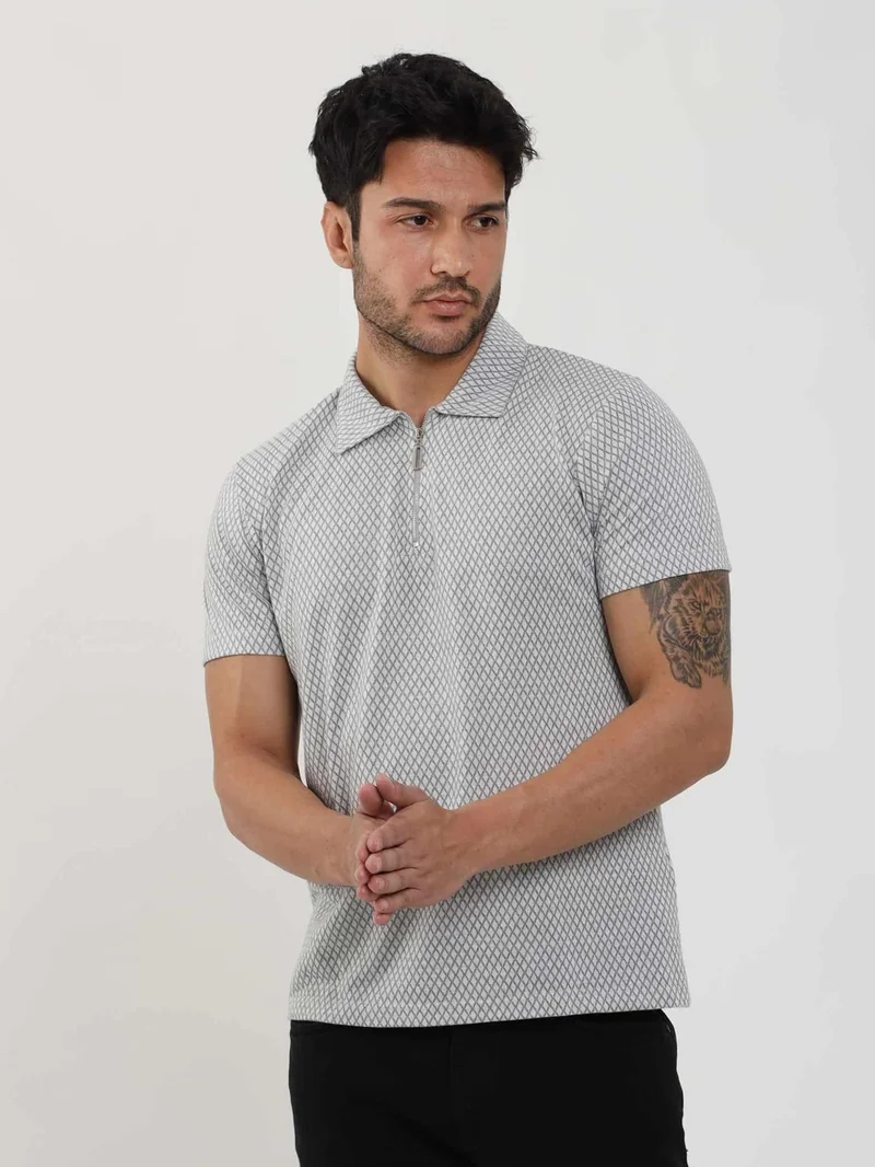 دوفي Gray Men's Slim Fit Diamond Patterned Polo Neck Tshirt - 105324