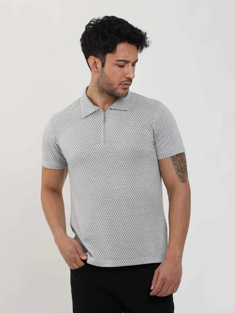دوفي Gray Men's Slim Fit Diamond Patterned Polo Neck Tshirt - 105324