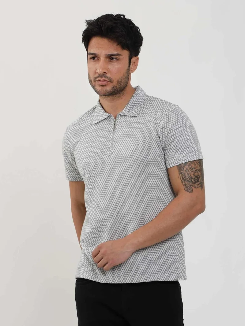 دوفي Gray Men's Slim Fit Diamond Patterned Polo Neck Tshirt - 105324