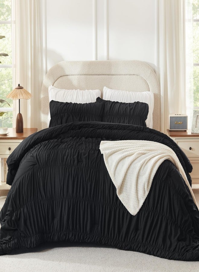 Andency Ruched Black Queen Comforter Set, Shabby Chic Pleated Bedding Sets 3 Pieces, Lightweight Soft Boho Ruffle Bed Set for Girls, Kids, Women, All Season - Image 3