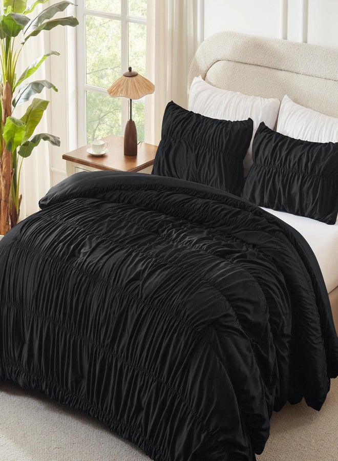 Andency Ruched Black Queen Comforter Set, Shabby Chic Pleated Bedding Sets 3 Pieces, Lightweight Soft Boho Ruffle Bed Set for Girls, Kids, Women, All Season - Image 2