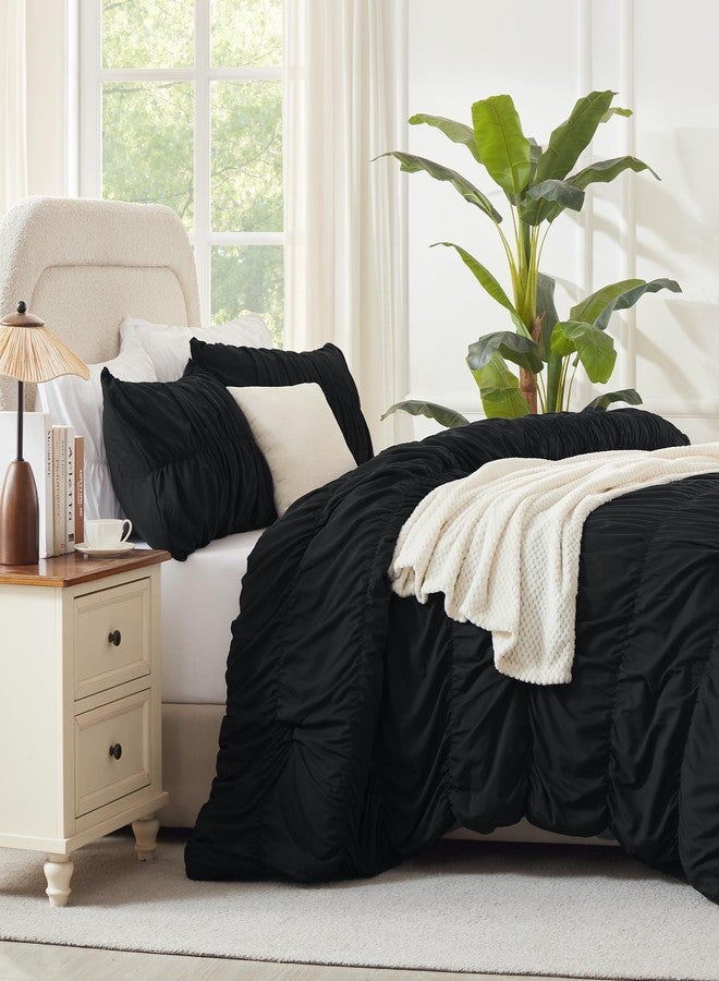 Andency Ruched Black Queen Comforter Set, Shabby Chic Pleated Bedding Sets 3 Pieces, Lightweight Soft Boho Ruffle Bed Set for Girls, Kids, Women, All Season - Image 4