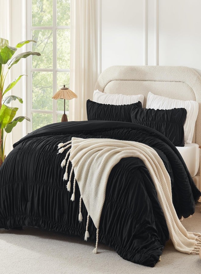 Andency Ruched Black Queen Comforter Set, Shabby Chic Pleated Bedding Sets 3 Pieces, Lightweight Soft Boho Ruffle Bed Set for Girls, Kids, Women, All Season - Image 1