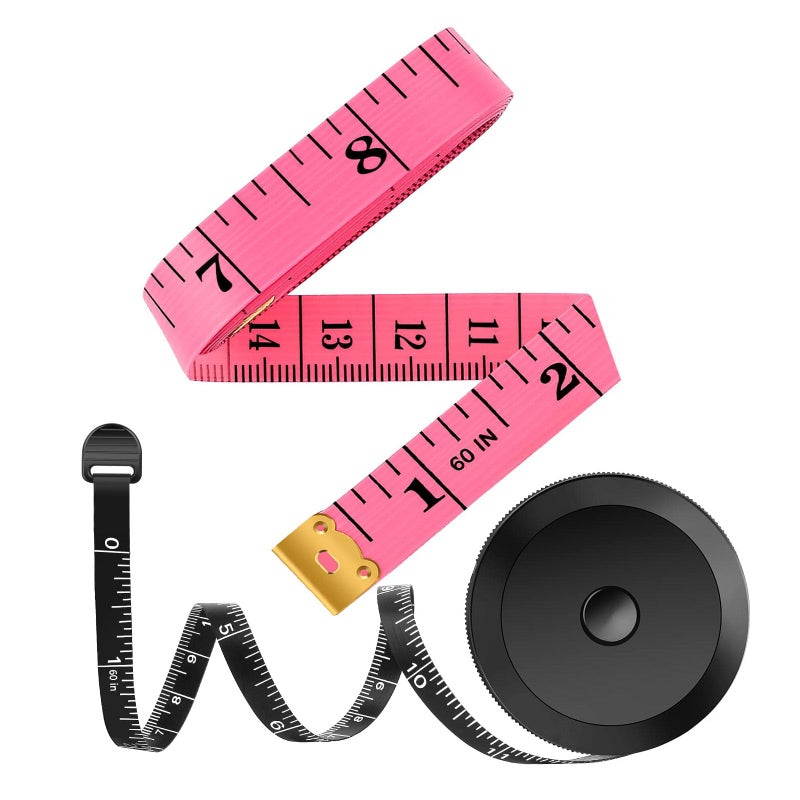 iBayam 2 Pack Tape Measure Measuring Tape for Body Fabric Sewing Tailor Cloth Knitting Vinyl Home Craft Measurements 60Inch Soft Fashion Pink Retractable Black Double Scales Rulers for Body Weight