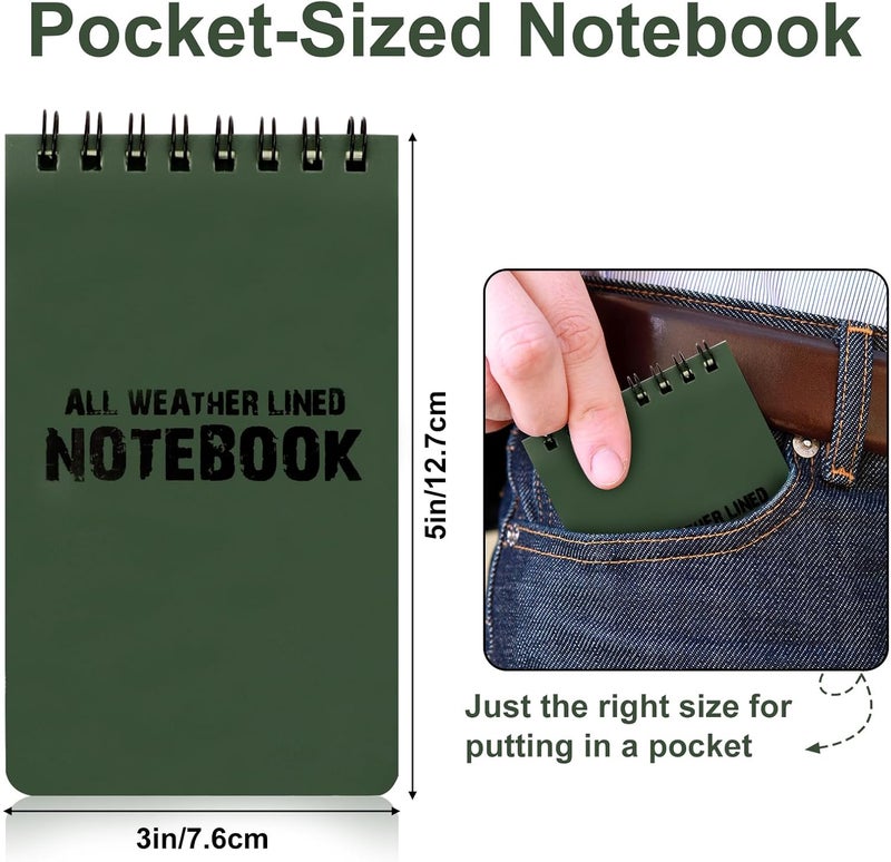 RETON 10 Pack Waterproof Notebook, 3 x 5 Inches Waterproof Pocket Notepad, All-Weather Top Spiral Memo Steno Pads with Grid, Write in the Rain Notebook for Outdoor Activity Recording (Army Green) - Image 2