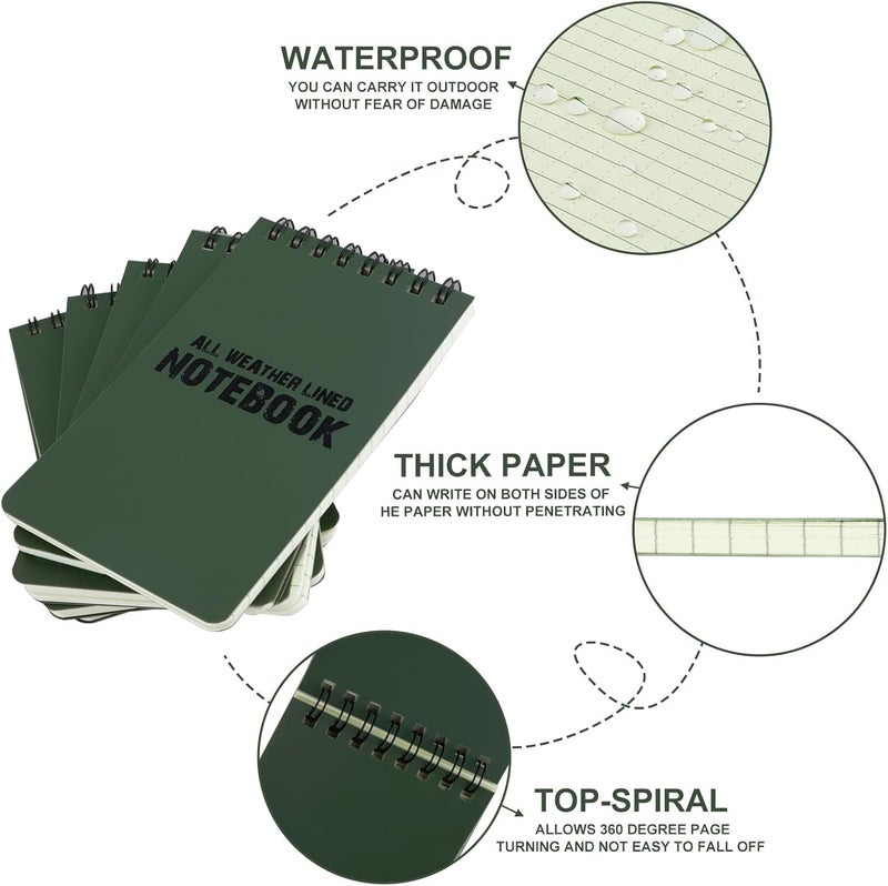 RETON 10 Pack Waterproof Notebook, 3 x 5 Inches Waterproof Pocket Notepad, All-Weather Top Spiral Memo Steno Pads with Grid, Write in the Rain Notebook for Outdoor Activity Recording (Army Green) - Image 3