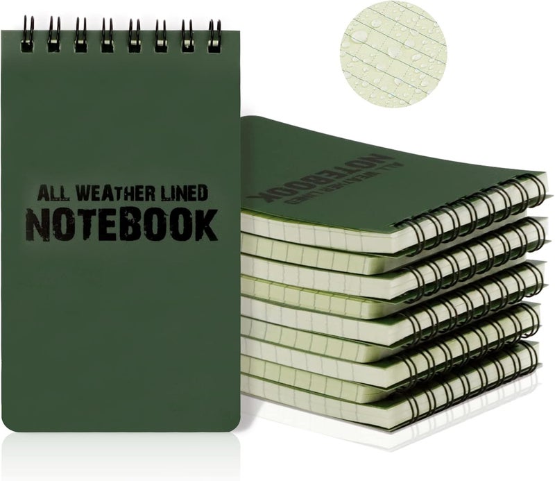 RETON 10 Pack Waterproof Notebook, 3 x 5 Inches Waterproof Pocket Notepad, All-Weather Top Spiral Memo Steno Pads with Grid, Write in the Rain Notebook for Outdoor Activity Recording (Army Green) - Image 1