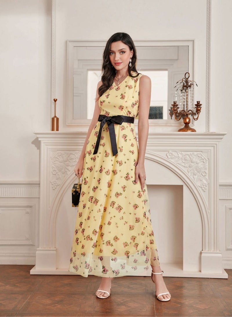 Meilun Charming Yellow Sleeveless Floral - Print Maxi Dress With Black Belt - Image 1
