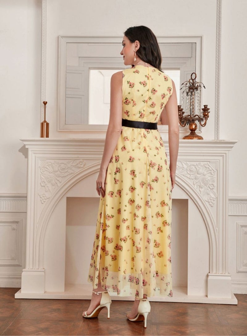 Meilun Charming Yellow Sleeveless Floral - Print Maxi Dress With Black Belt - Image 2
