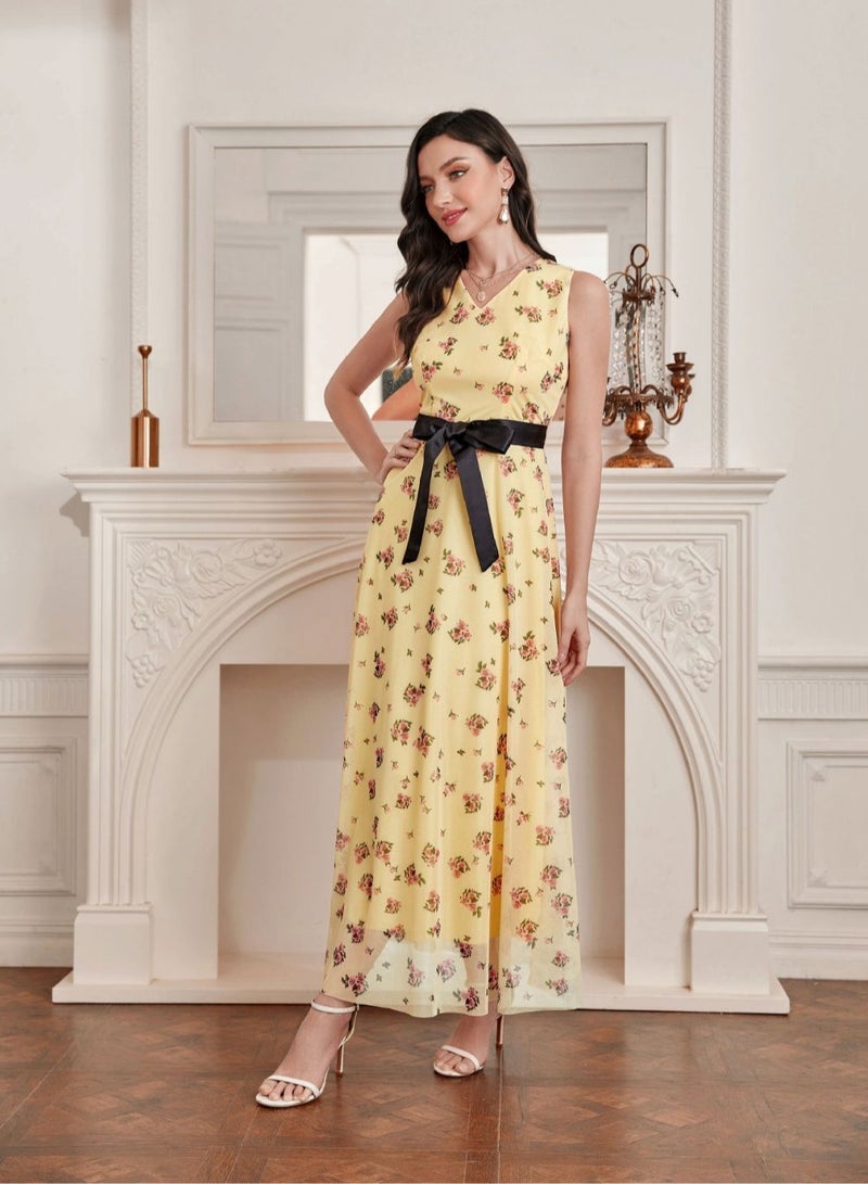 Meilun Charming Yellow Sleeveless Floral - Print Maxi Dress With Black Belt - Image 3