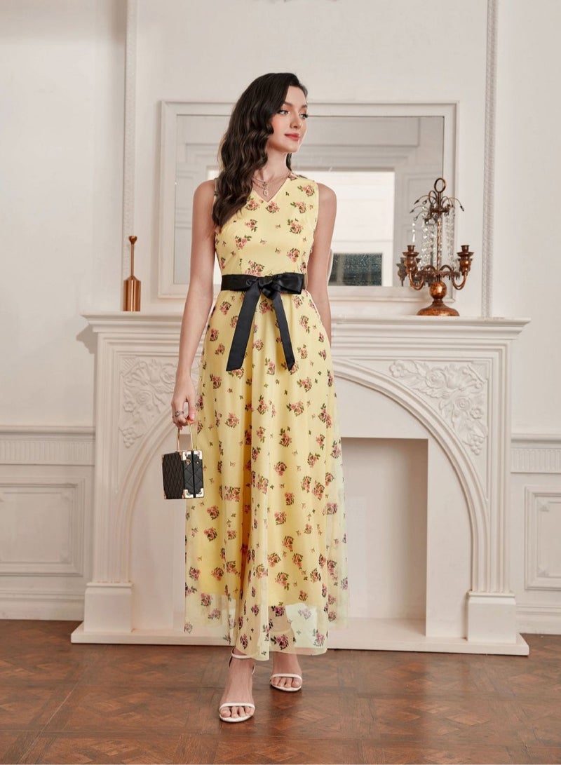Meilun Charming Yellow Sleeveless Floral - Print Maxi Dress With Black Belt - Image 4