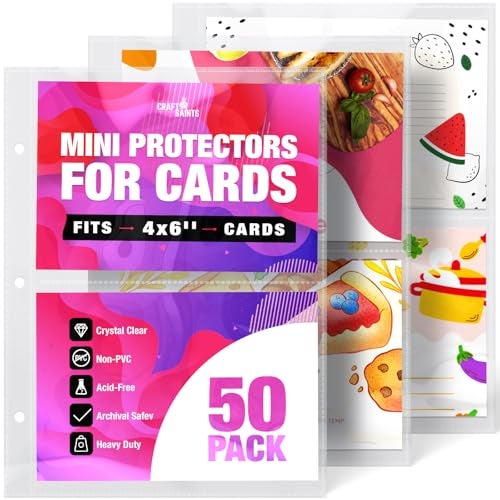 CraftSaints 100 Pockets Mini Sheet Protectors fit 4x6'' Cards (Pack of 50) for 8.5x9.5’’ Mini Binders, Half Binders, Recipe Book Page Refill Sheets, 2 Pocket Index Card Protectors, Crystal Clear Covers - Image 1