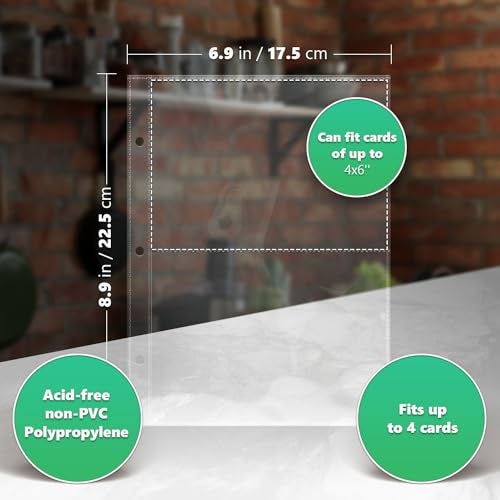 CraftSaints 100 Pockets Mini Sheet Protectors fit 4x6'' Cards (Pack of 50) for 8.5x9.5’’ Mini Binders, Half Binders, Recipe Book Page Refill Sheets, 2 Pocket Index Card Protectors, Crystal Clear Covers - Image 3