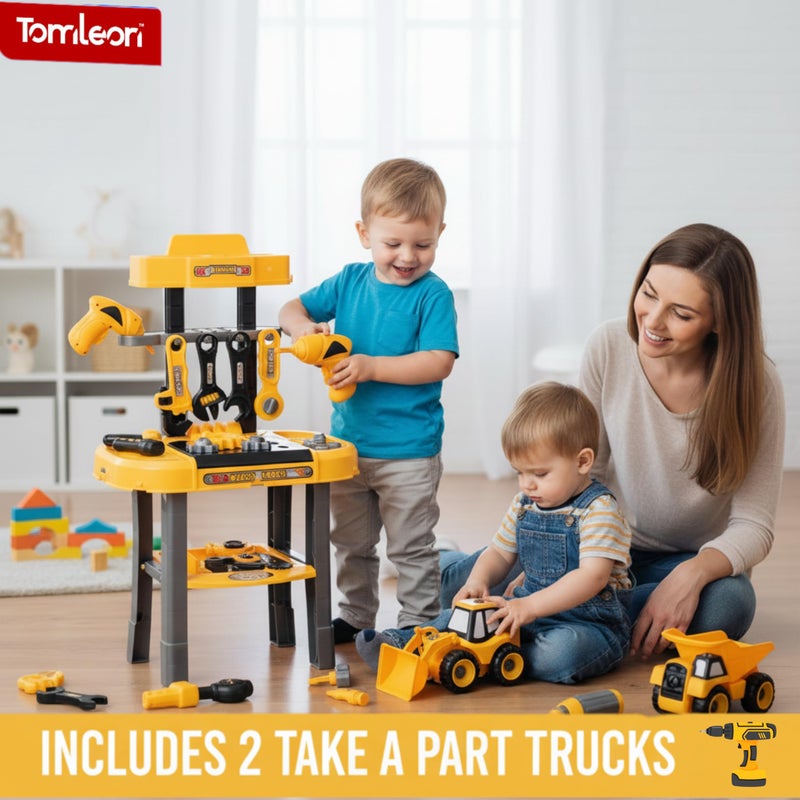 TOMLEON Toddler Workbench & Tool Set with Battery-Operated Drill - Includes 2 Big Take-Apart Trucks & Realistic Tools, Construction Tool-Bench Toy for Kids 3-5, Toolbox Gift for Boys 3 4 5 Years Old - Image 3
