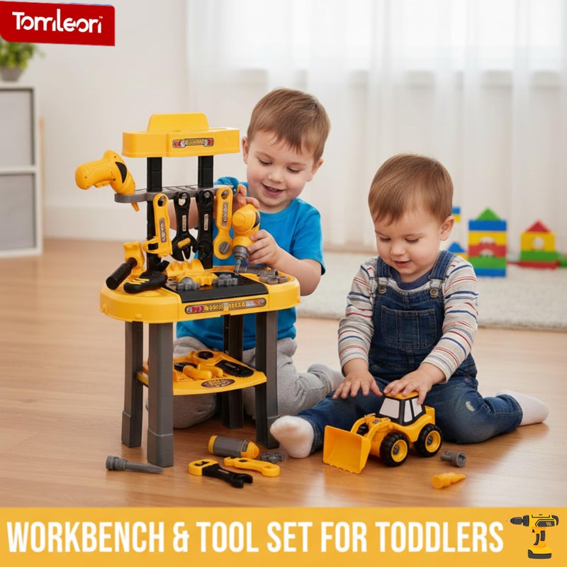TOMLEON Toddler Workbench & Tool Set with Battery-Operated Drill - Includes 2 Big Take-Apart Trucks & Realistic Tools, Construction Tool-Bench Toy for Kids 3-5, Toolbox Gift for Boys 3 4 5 Years Old - Image 2