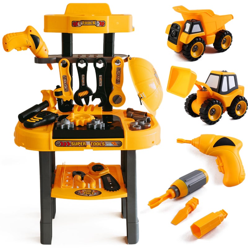 TOMLEON Toddler Workbench & Tool Set with Battery-Operated Drill - Includes 2 Big Take-Apart Trucks & Realistic Tools, Construction Tool-Bench Toy for Kids 3-5, Toolbox Gift for Boys 3 4 5 Years Old - Image 1