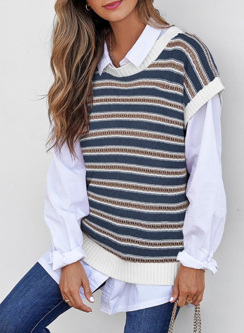 EVALESS Womens Summer Striped Sweater Vest Sleeveless Round Neck Pullover Tank Tops Sleeveless Fashion Clothes 2026 Dusty Blue Stripe Medium - Image 4