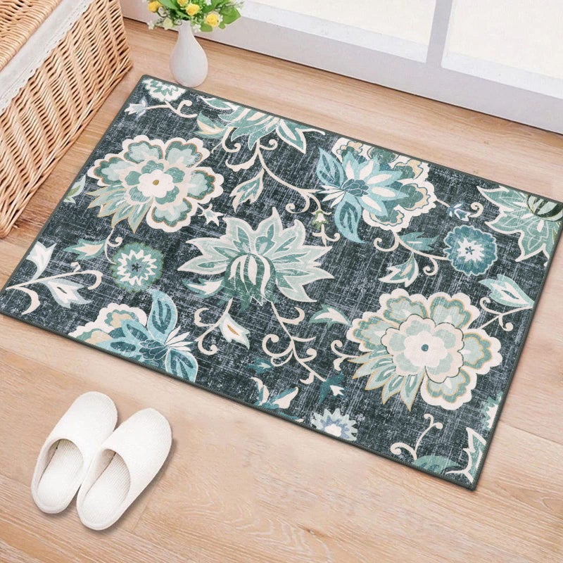 Beeiva Floral Entry Rugs for Inside House,2x3 Non Slip Washable Kitchen Rug Front Door Mat, Ultra Thin Doormat Non-Shedding Throw Carpet for Bedroom Bathroom (Blue,2'x3') - Image 1