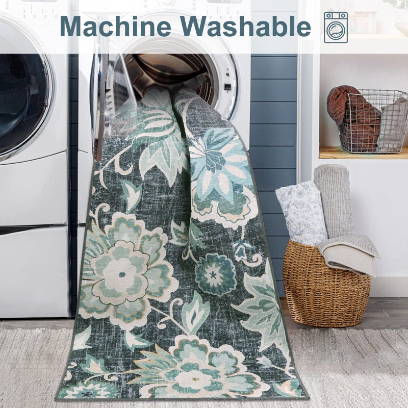 Beeiva Floral Entry Rugs for Inside House,2x3 Non Slip Washable Kitchen Rug Front Door Mat, Ultra Thin Doormat Non-Shedding Throw Carpet for Bedroom Bathroom (Blue,2'x3') - Image 3