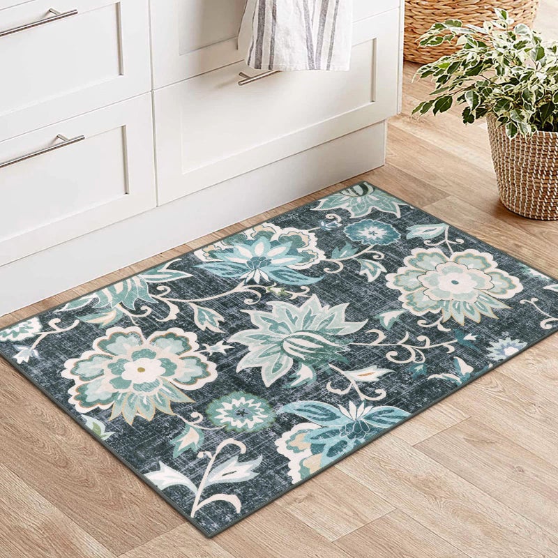 Beeiva Floral Entry Rugs for Inside House,2x3 Non Slip Washable Kitchen Rug Front Door Mat, Ultra Thin Doormat Non-Shedding Throw Carpet for Bedroom Bathroom (Blue,2'x3') - Image 5