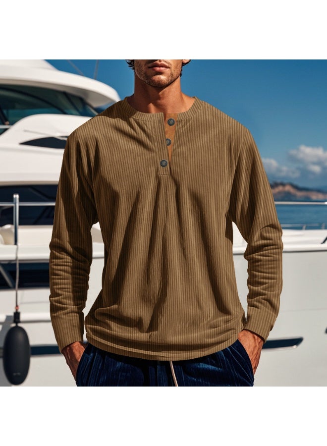 Men's Slim Fit Long Sleeve T-Shirt Base Shirt Four Button Corduroy  Shirt Casual Breathable - Image 1