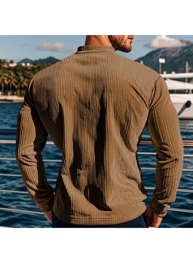 Men's Slim Fit Long Sleeve T-Shirt Base Shirt Four Button Corduroy  Shirt Casual Breathable - Image 2