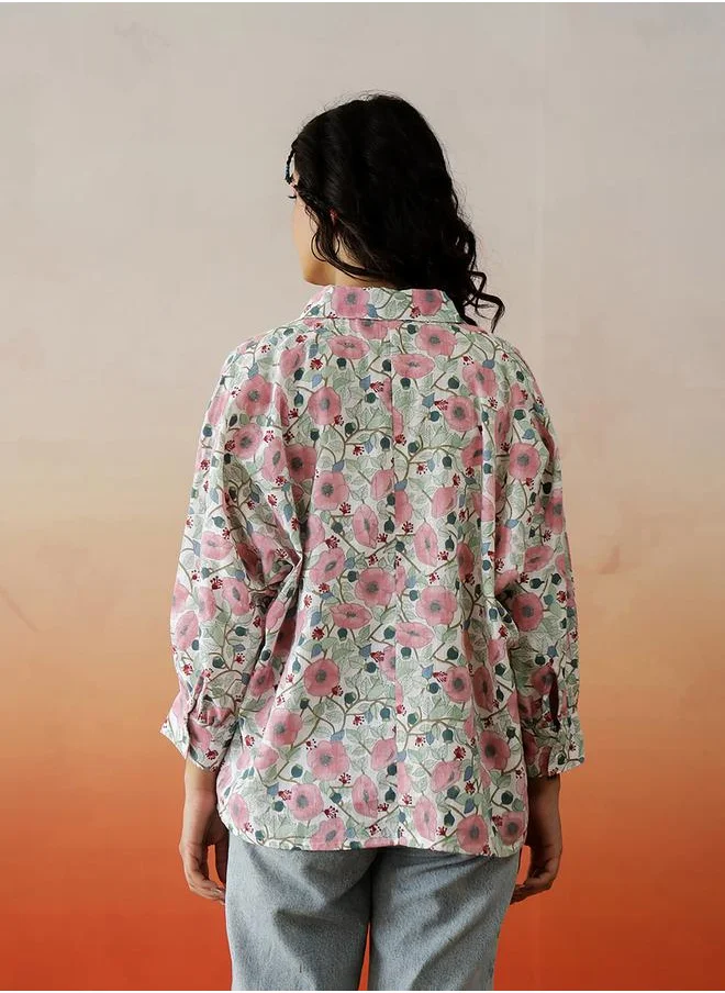 سانسكريتي هومز Floral Printed Buttoned Cotton Top