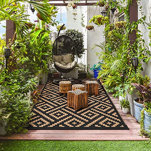 GENIMO 5x8 Outdoor Rug Waterproof, Reversible Mats, Area Rug, Plastic Outside Carpet, Geometric Rv Mat for Patio Camping Rv Picnic Backyard Deck Balcony Porch Beach Trailer (Black & Brown) - Image 3