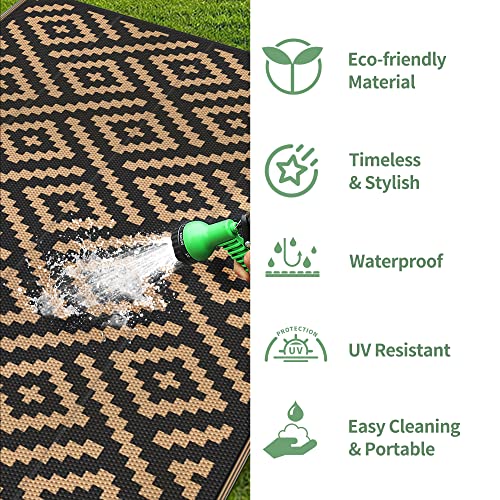 GENIMO 5x8 Outdoor Rug Waterproof, Reversible Mats, Area Rug, Plastic Outside Carpet, Geometric Rv Mat for Patio Camping Rv Picnic Backyard Deck Balcony Porch Beach Trailer (Black & Brown) - Image 5