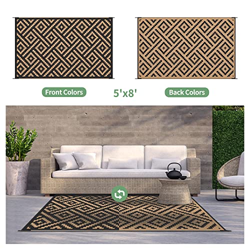 GENIMO 5x8 Outdoor Rug Waterproof, Reversible Mats, Area Rug, Plastic Outside Carpet, Geometric Rv Mat for Patio Camping Rv Picnic Backyard Deck Balcony Porch Beach Trailer (Black & Brown) - Image 4