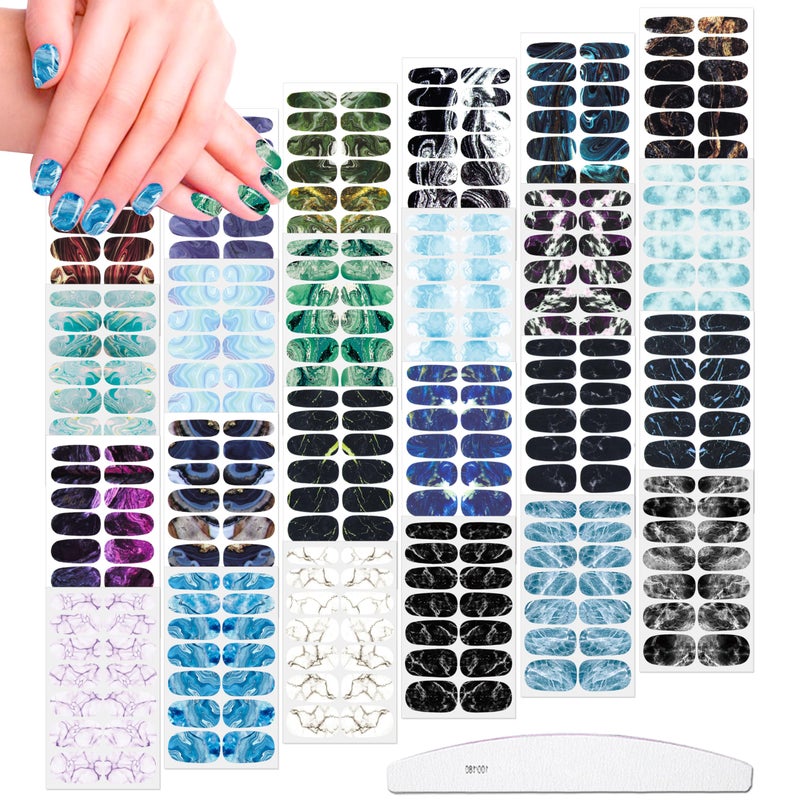 JERCLITY 336 Pieces 24 Sheets Women's Full Wrap Marble Nail Polish Strips Stickers Self-Adhesive Gel Nail Strips Decals with Nail File for Women Girls Nail Decorations (Retro Style) - Image 1