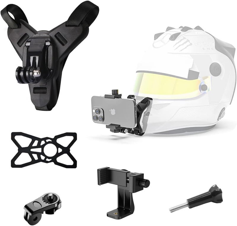 Motorcycle Helmet Chin Camera Phone Holder 5 in 1 Motorcycle Helmet Front Chin Bracket Anti-Slip Bike Mount Strap Clip/Phone Holder (Black) - Image 1